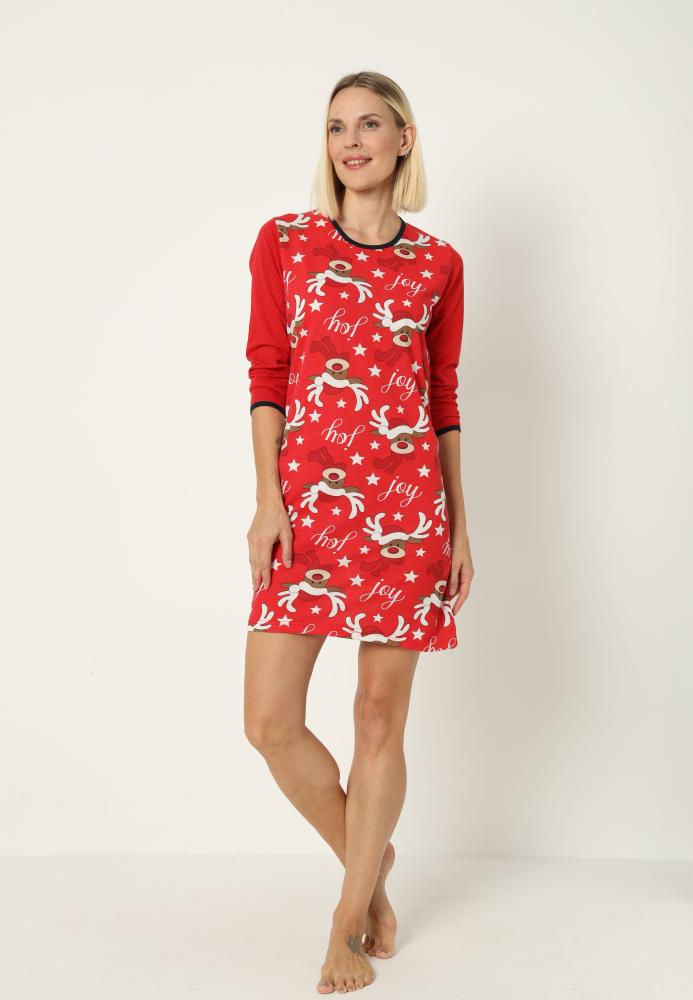 Camasa de noapte Craciun,imprimeu reni,culoare rosu ,En-gros